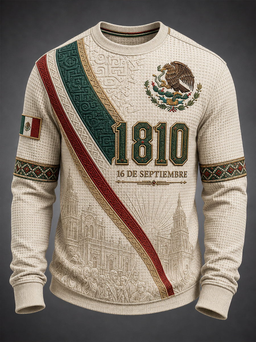 Camiseta de manga larga de waffle para el Día de la Independencia de México, estilo masculino