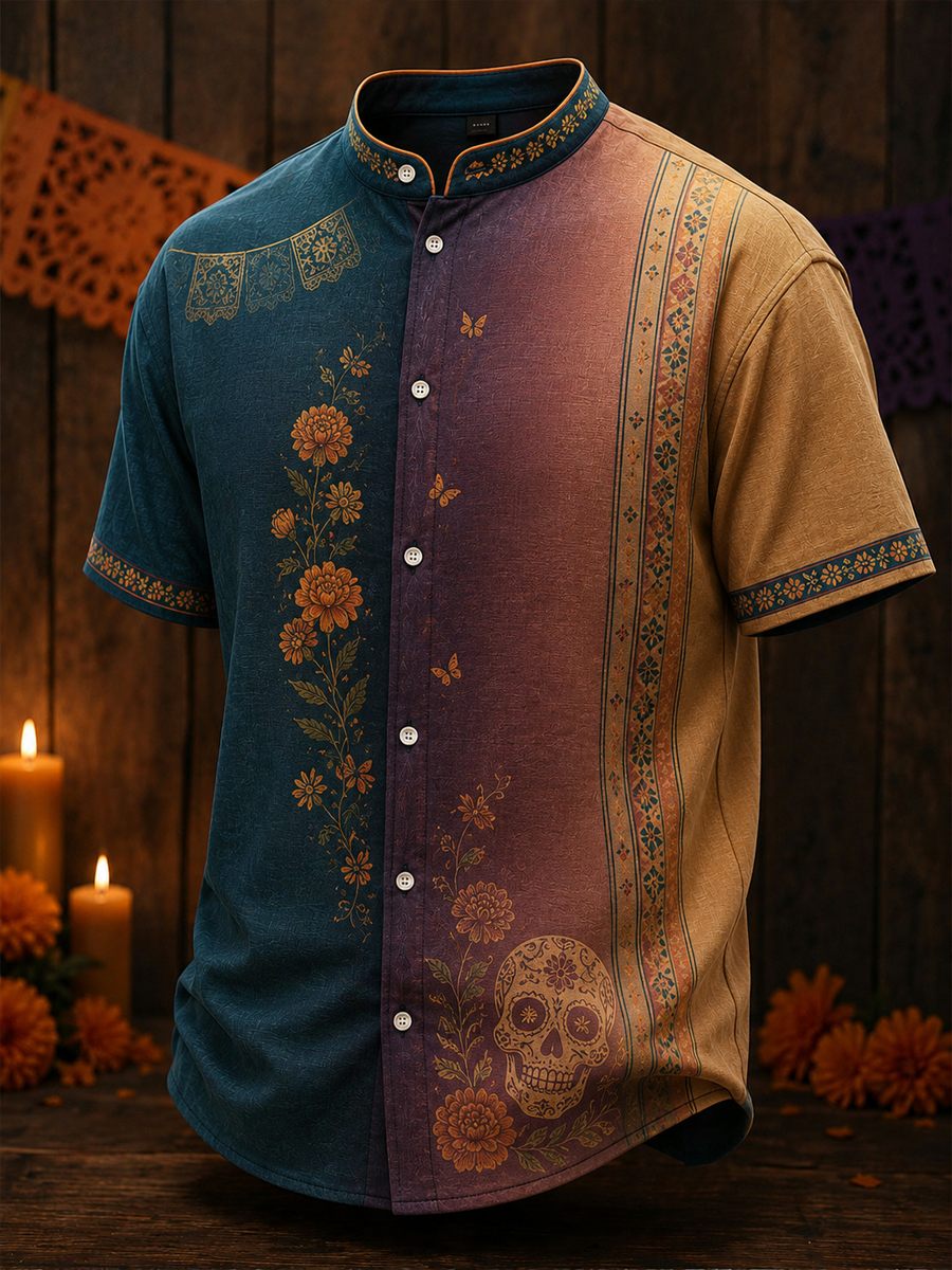 Camisa de hombre de algodón-lino con cuello y mangas cortas, estampada con motivos florales del Día de los Muertos de México