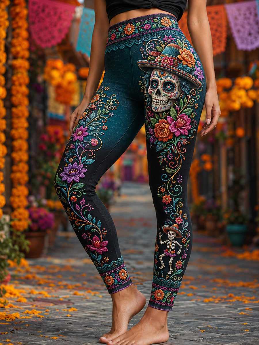 Mallas casuales de cintura alta y corte ajustado con diseño del Día de Muertos de México para mujer