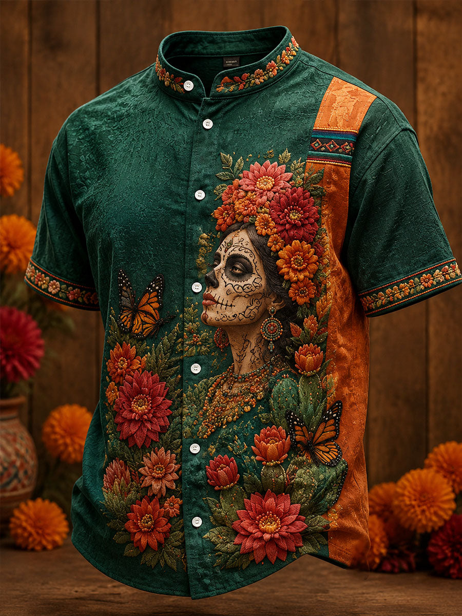 Día de México de los hombres del arte floral muerto impreso camisa de lino