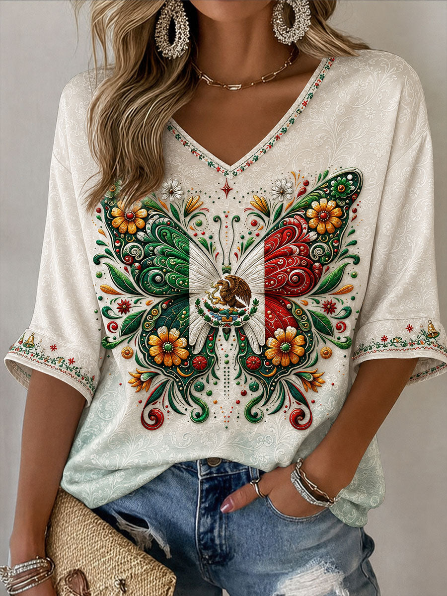Camiseta de lino con estampado de arte del Día de la Independencia de México para mujer