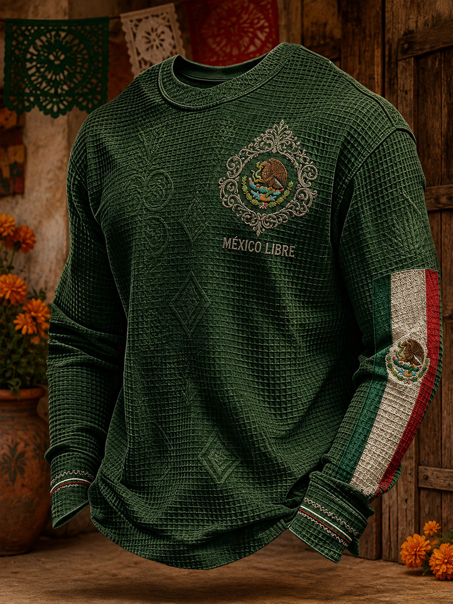 Sudadera de waffle con estampado artístico del Día de la Independencia de México para hombre