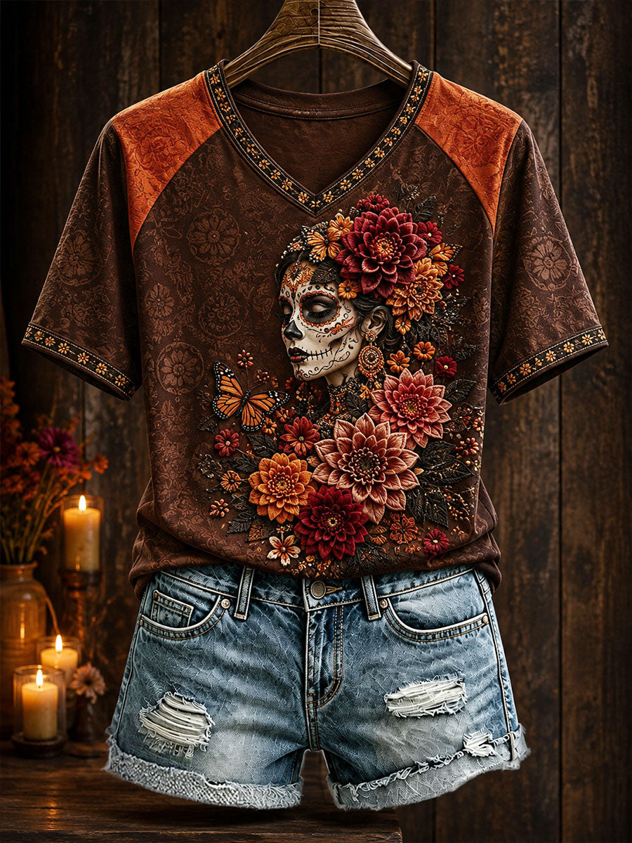 Camiseta estampada con arte floral del Día de los Muertos mexicano para mujer