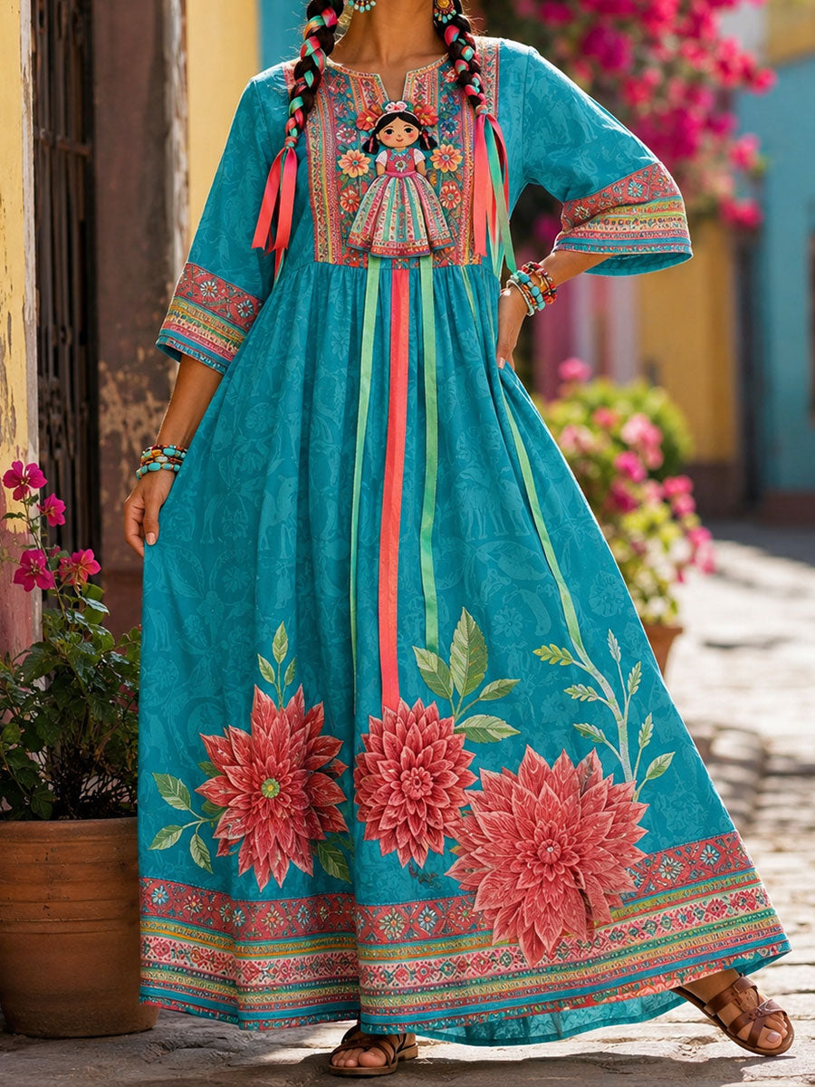 Vestido de lino estampado con diseño floral de muñeca Lele mexicana para mujer