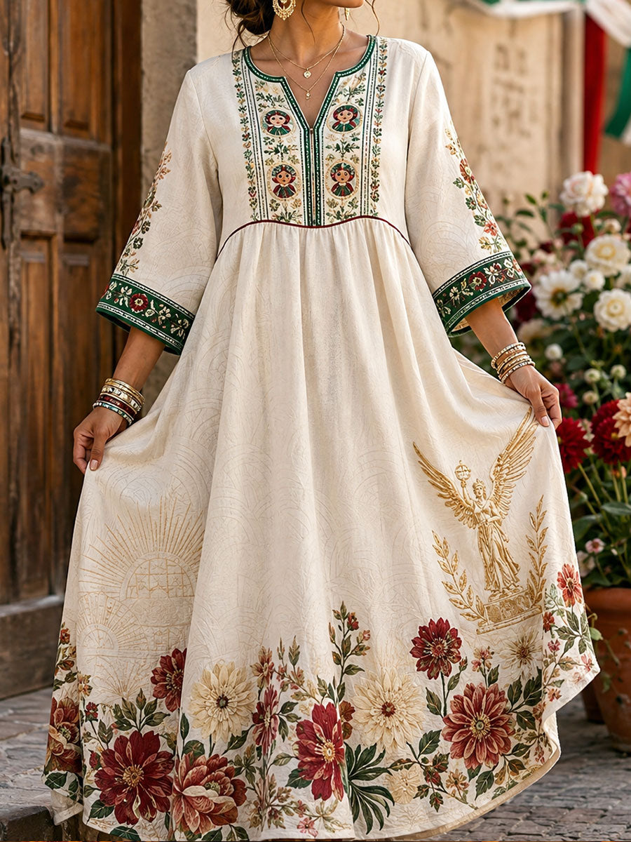 Vestido de lino estampado con diseño floral de muñeca Lele mexicana para mujer