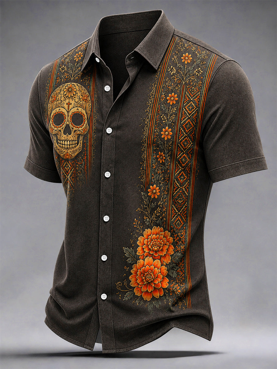 Camisa casual con estampado artístico del Día de los Muertos mexicano para hombre