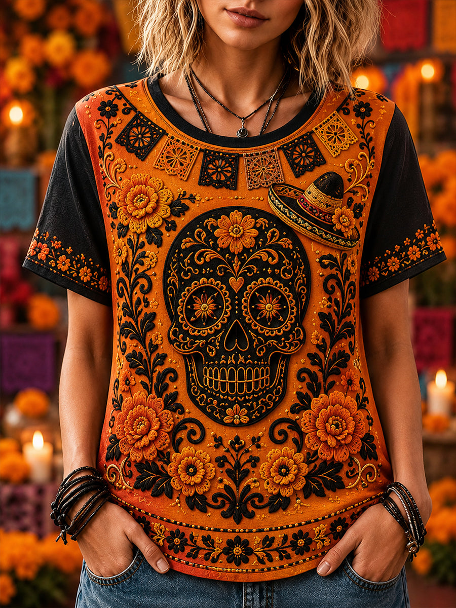 Camiseta de manga corta para mujer con diseño del Día de los Muertos de México