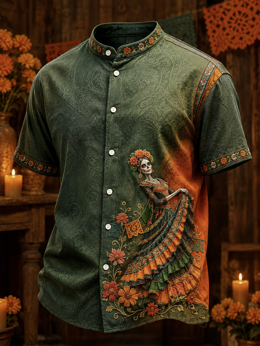 Camisa de lino para hombre con estampado floral mexicano del Día de los Muertos