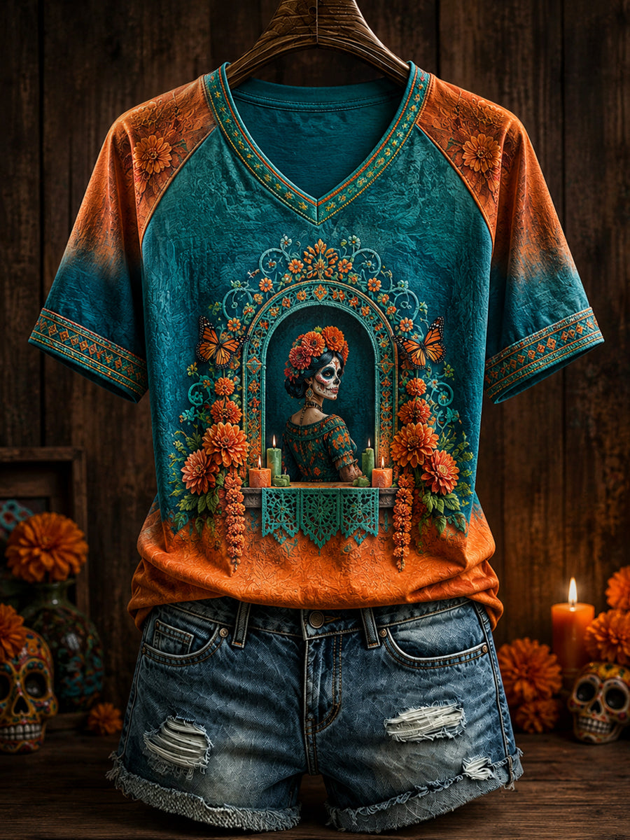Camiseta estampada con arte floral del Día de los Muertos mexicano para mujer