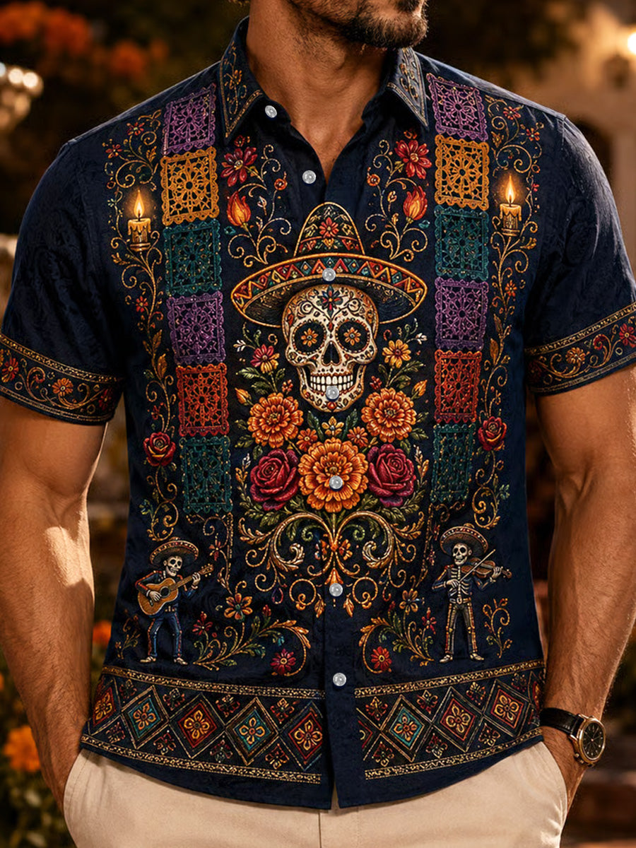 Camisa casual con estampado artístico del Día de los Muertos mexicano para hombre