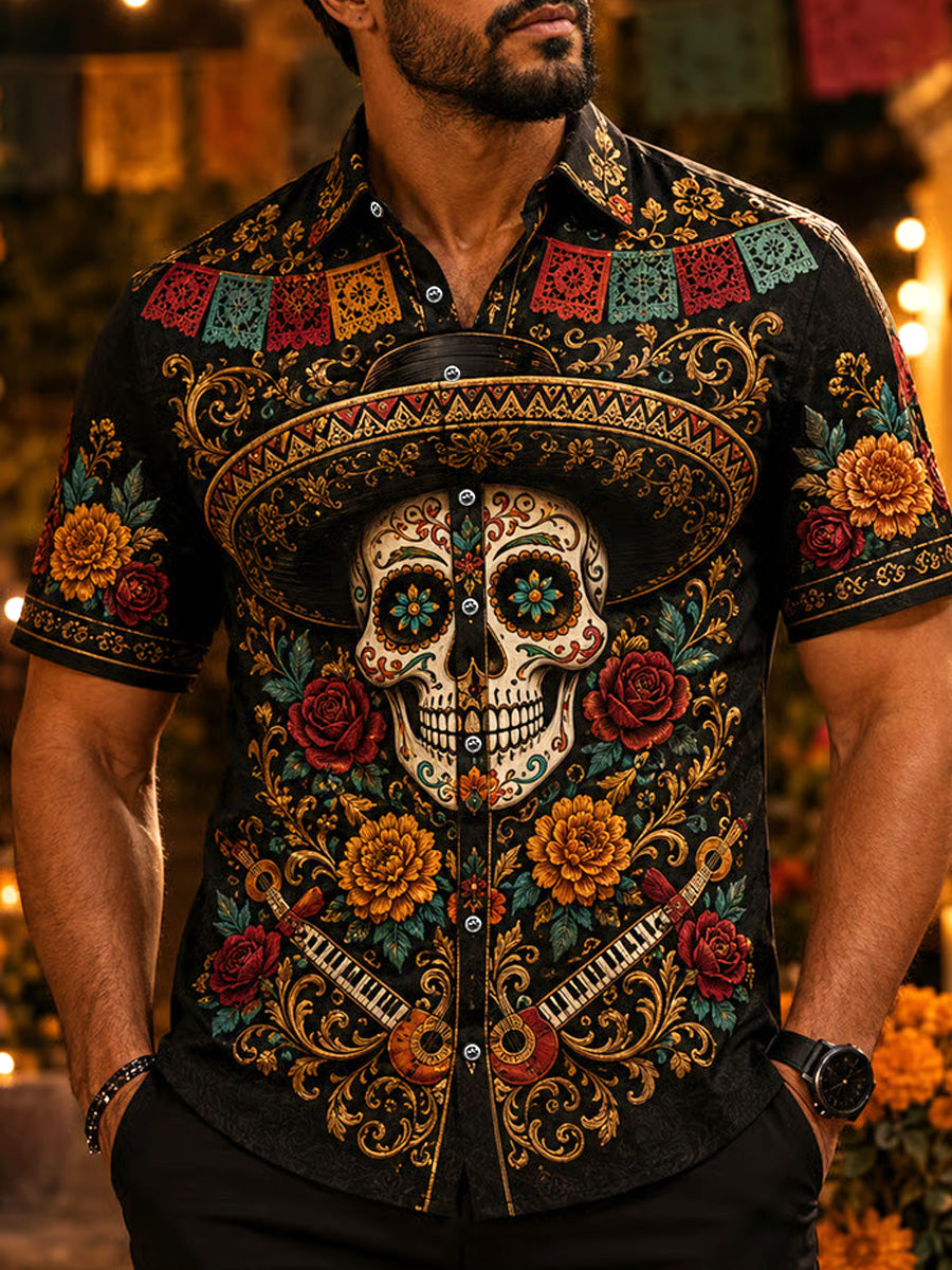 Camisa casual con estampado artístico del Día de los Muertos mexicano para hombre