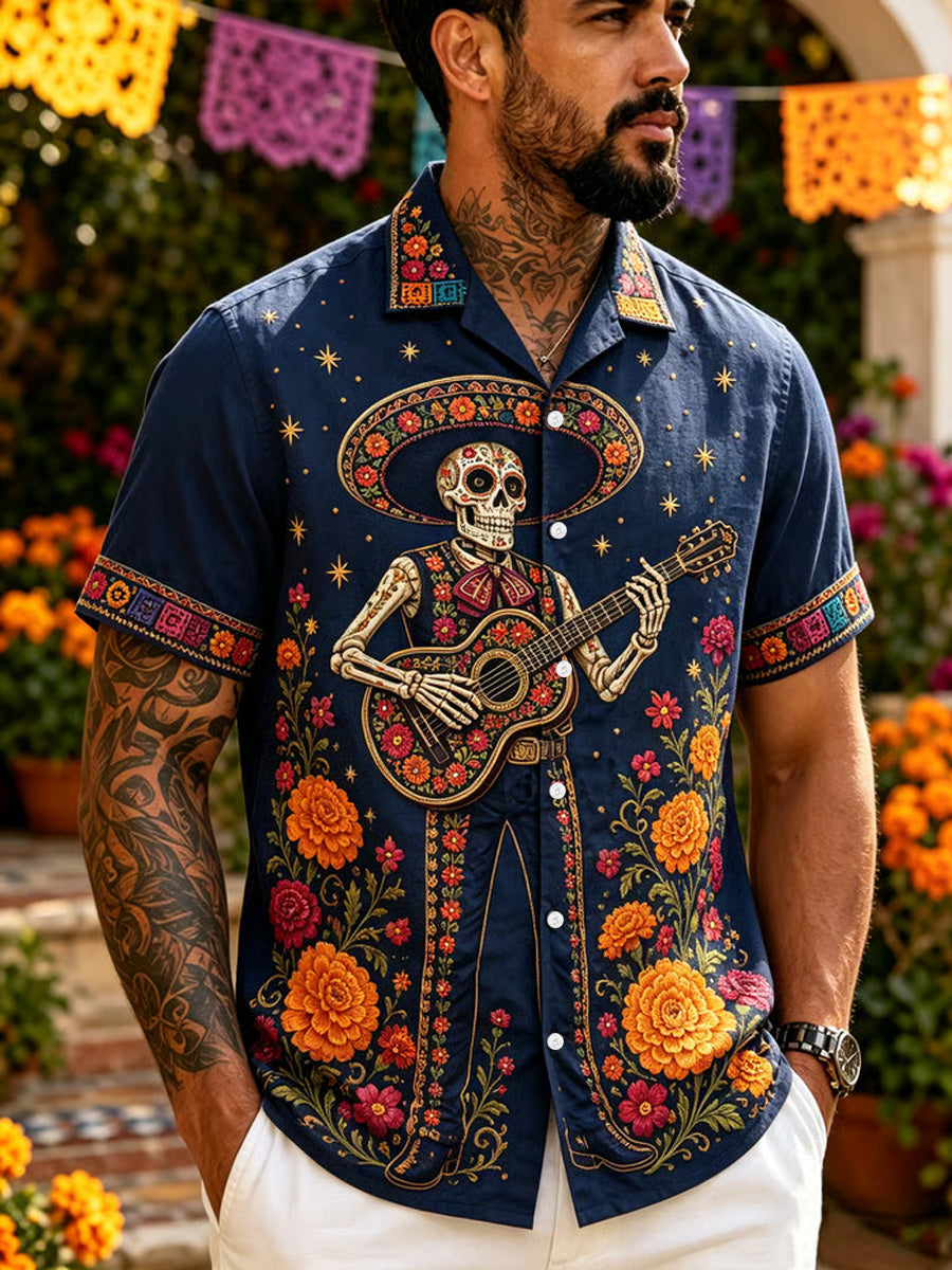 Camisa casual con estampado artístico del Día de los Muertos mexicano para hombre