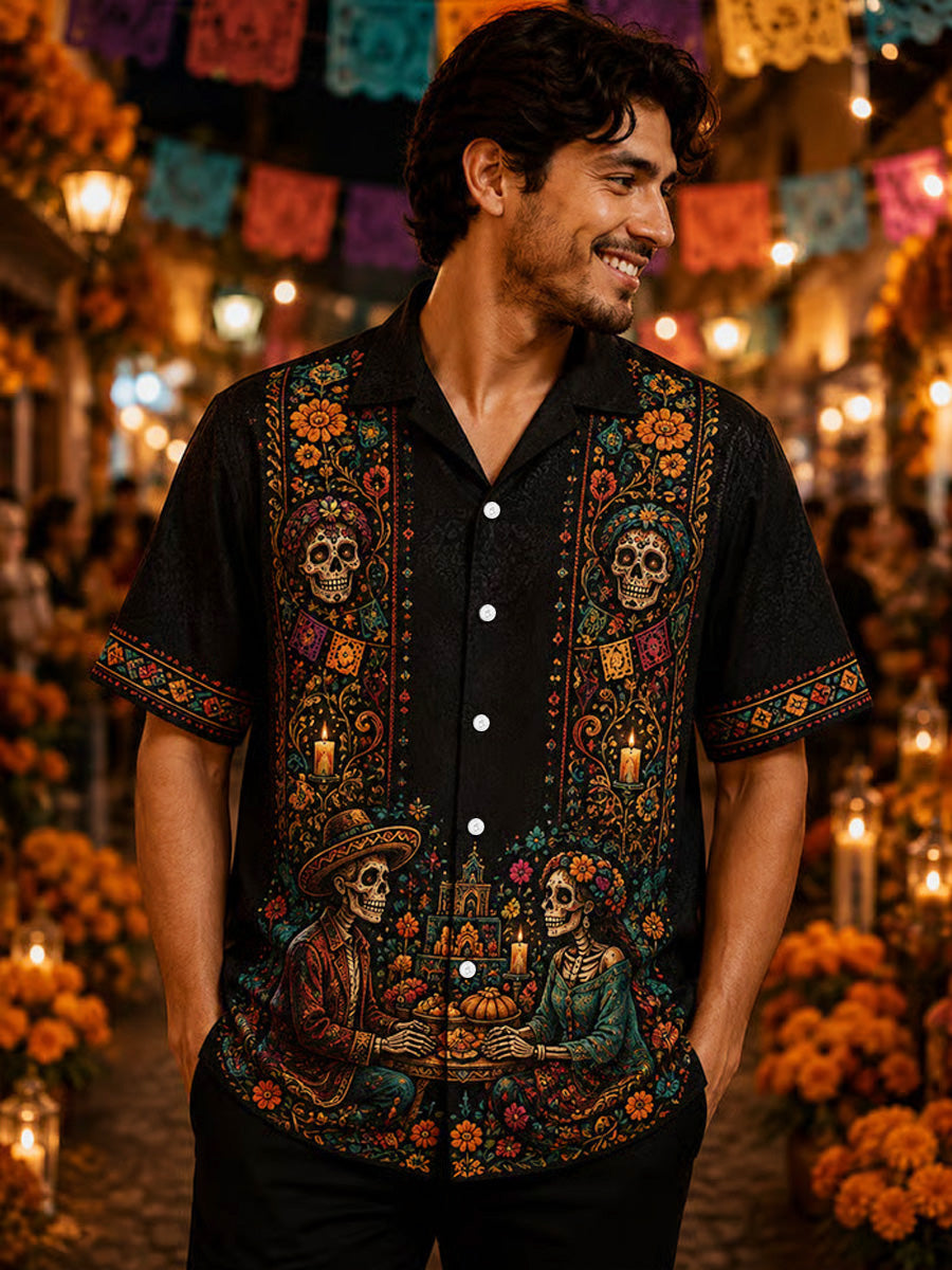 Camisa casual con estampado artístico del Día de los Muertos mexicano para hombre