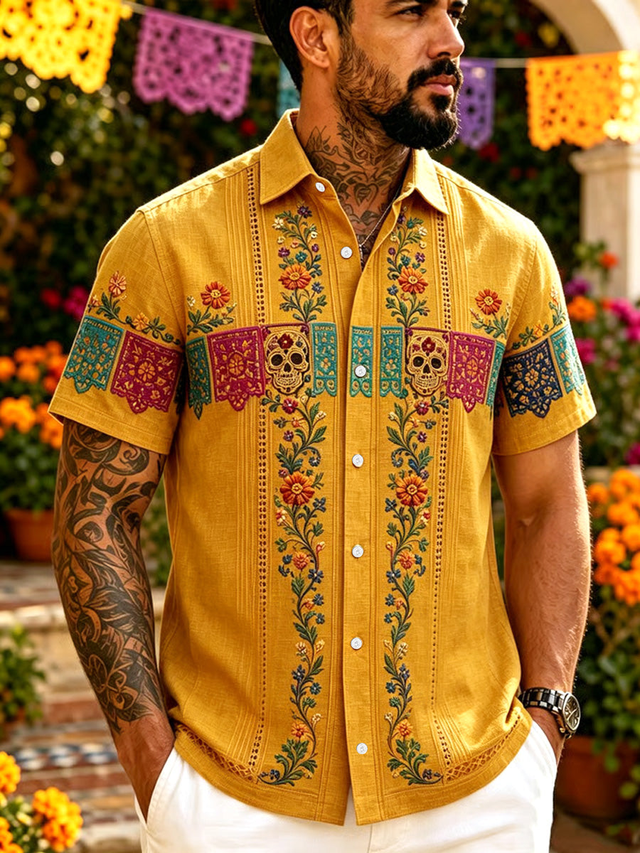 Camisa casual con estampado artístico del Día de los Muertos mexicano para hombre