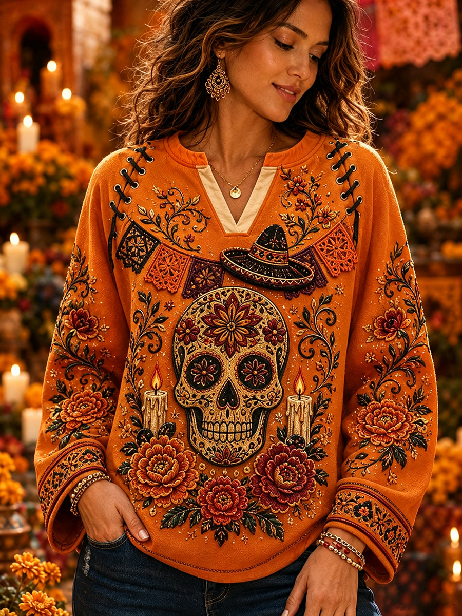 Camiseta de manga larga México Día de los Muertos para mujer