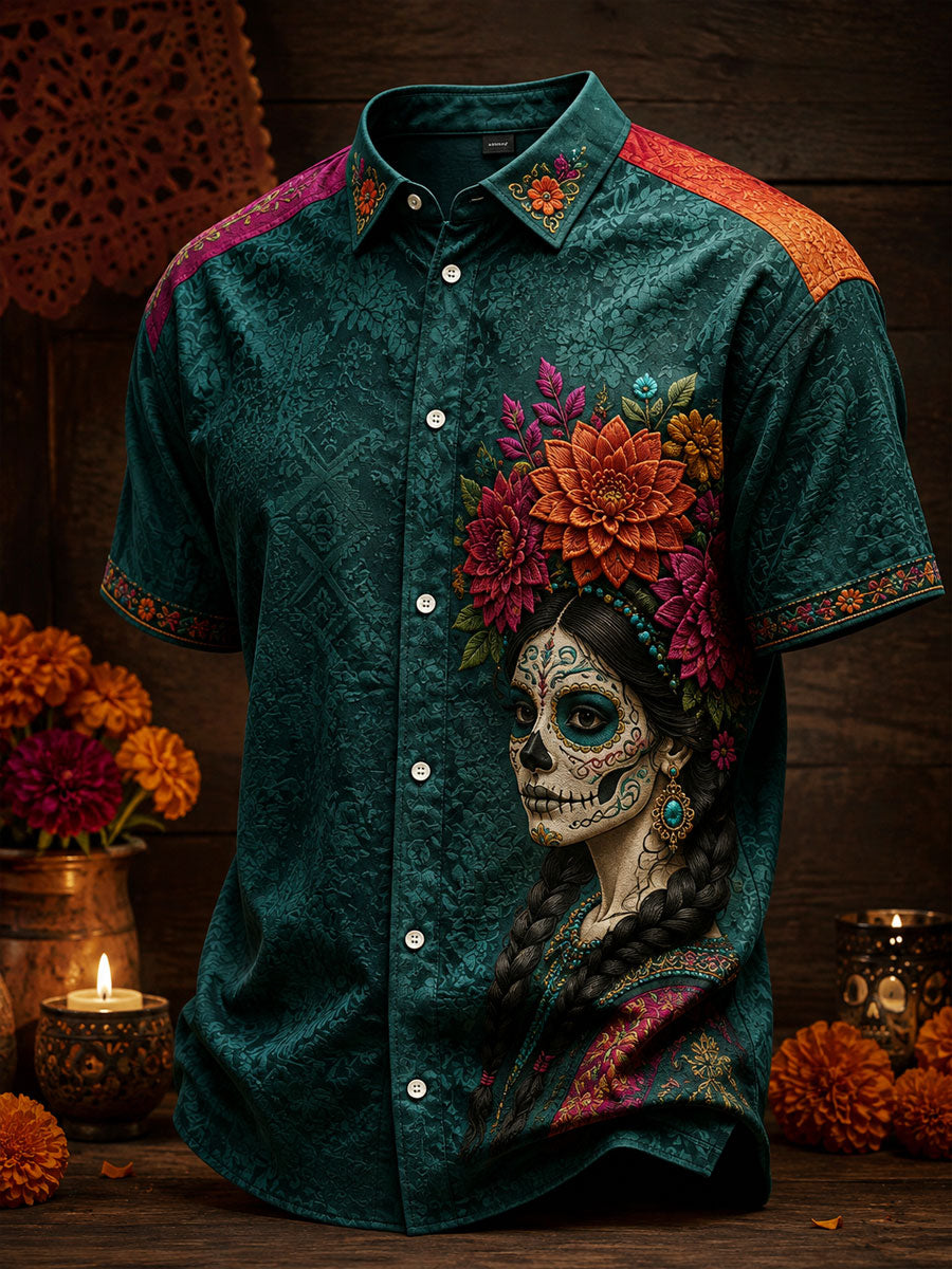 Camisa de lino para hombre con estampado floral mexicano del Día de los Muertos