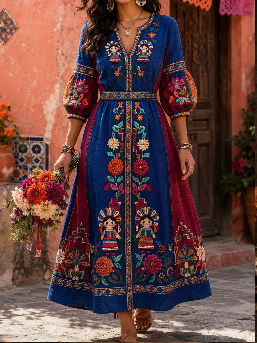 Vestido de lino estampado con diseño floral de muñeca Lele mexicana para mujer