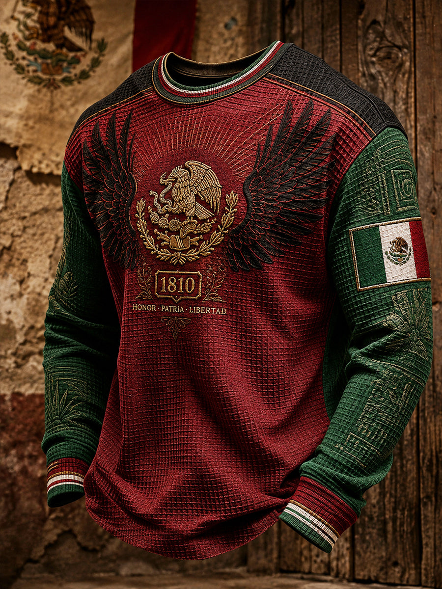 Sudadera de waffle con estampado artístico del Día de la Independencia de México para hombre