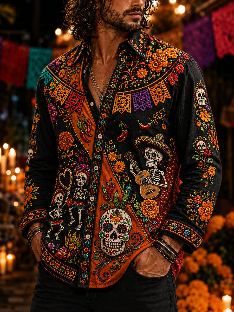 Camisa de waffle para hombre con diseño mexicano del Día de los Muertos