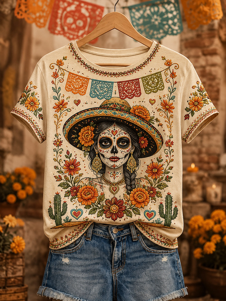 Camiseta de manga corta para mujer con diseño del Día de los Muertos de México