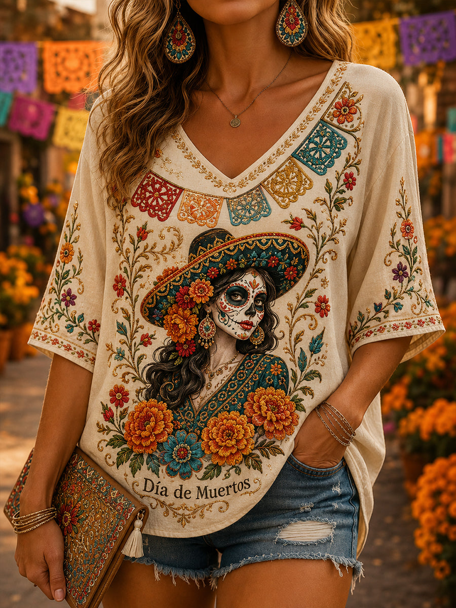 Camisa de lino con cuello en V y estampado mexicano del Día de los Muertos para mujer