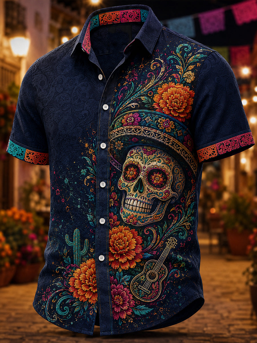 Camisa casual de Día de Muertos mexicano para hombre, de manga corta