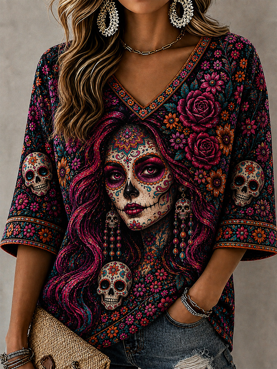 Camiseta informal de largo medio con cuello en V, estampado con flores, calaveras y diseño del Día de la Muerte para mujer