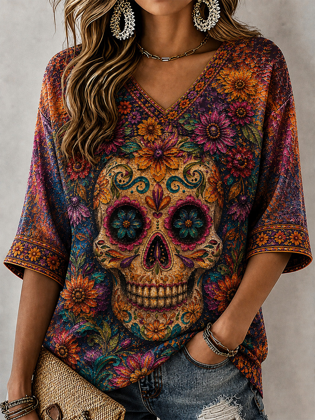 Día de la mujer de la flor de la planta muerta y patrón de cráneo imprimir casual de media longitud mangas con cuello en V camiseta