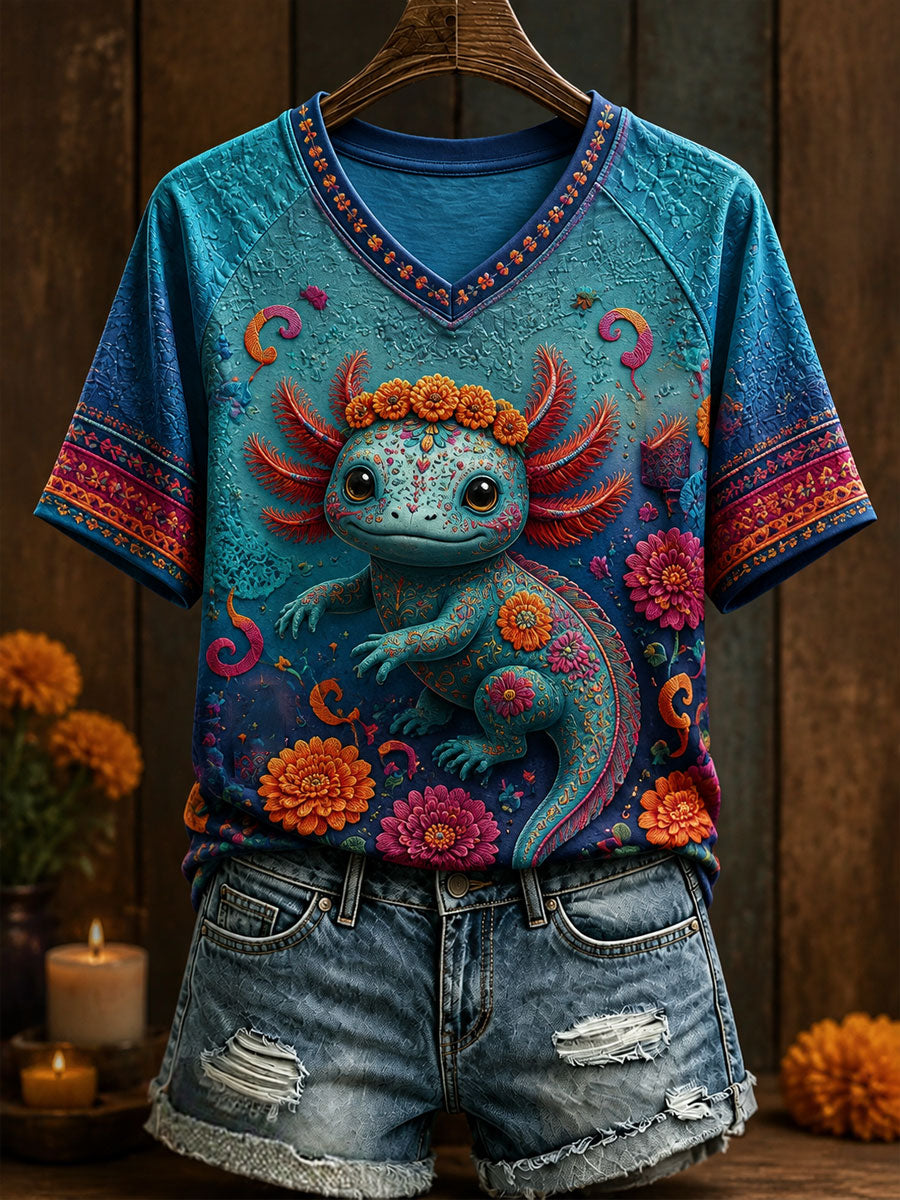 Camiseta estampada con arte floral del Día de los Muertos mexicano para mujer