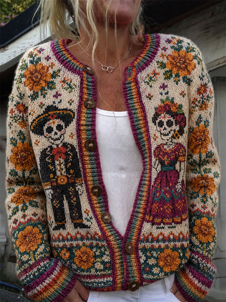 Cárdigan con estampado de calaveras de azúcar del Día de Muertos, flores mexicanas y diseño de isla para mujer