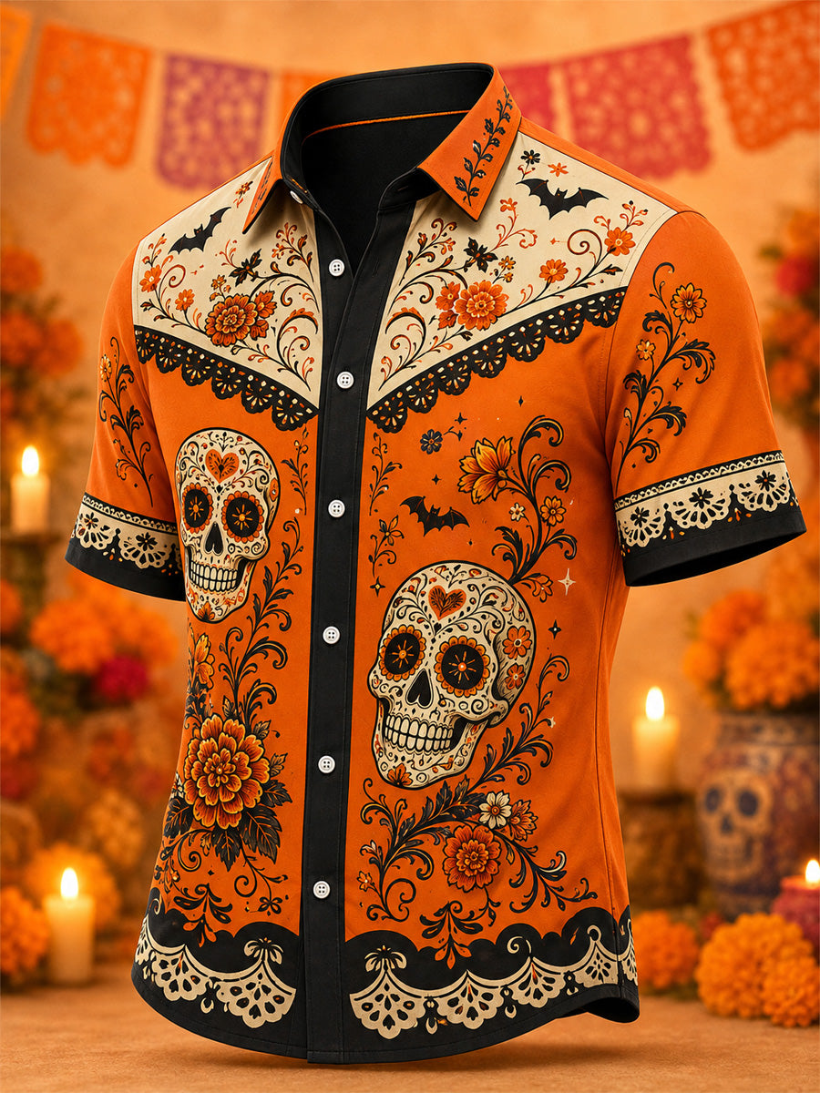 Camisa casual con estampado artístico del Día de los Muertos mexicano para hombre