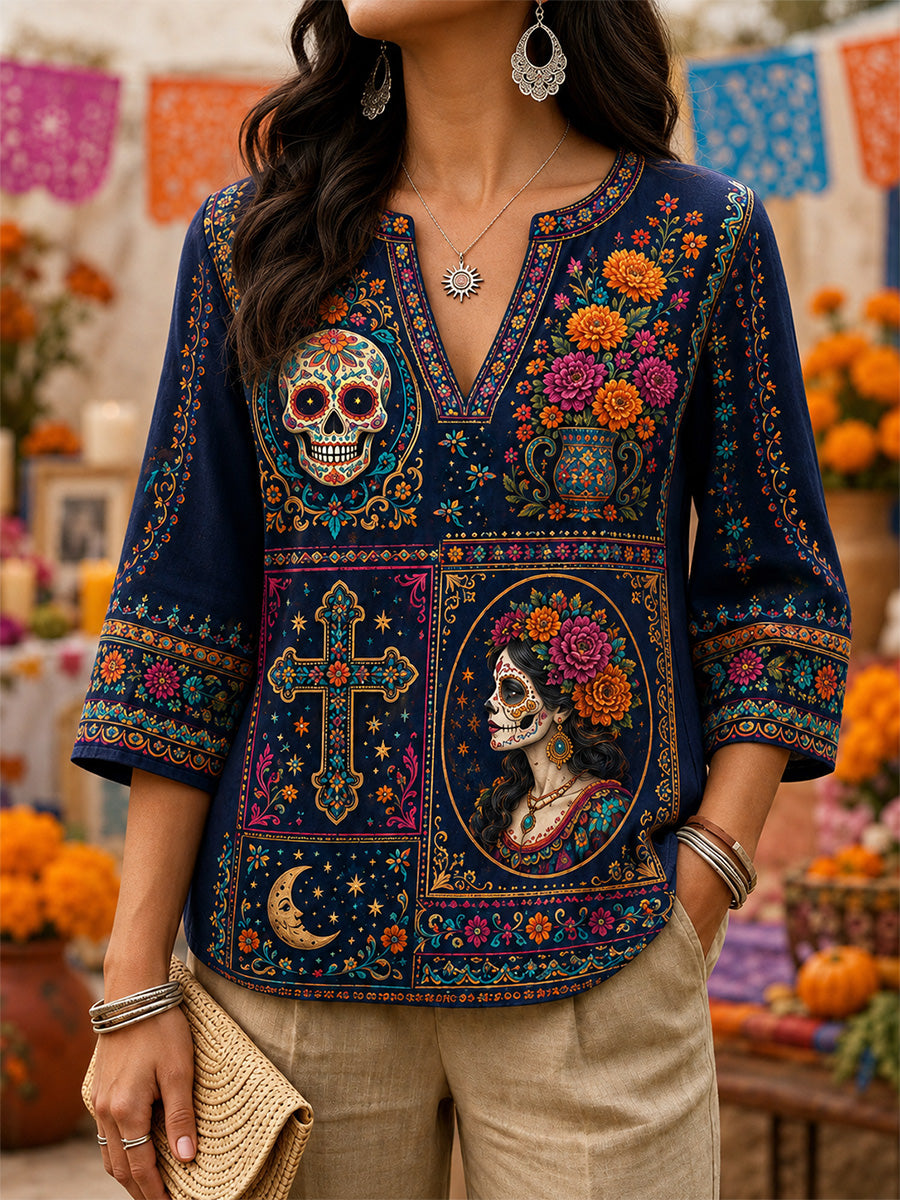 Camiseta informal con cuello en V y estampado artístico mexicano del Día de los Muertos para mujer