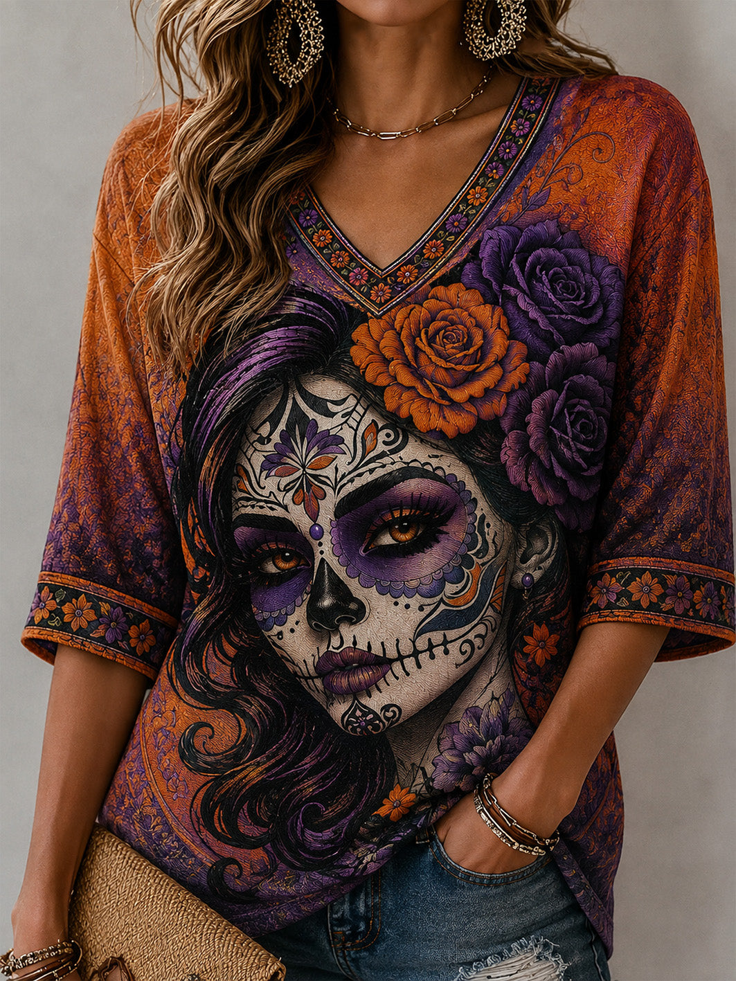 Día de las mujeres de los elementos de estilo muerto patrón de impresión casual mediados de-longitud mangas con cuello en V camiseta