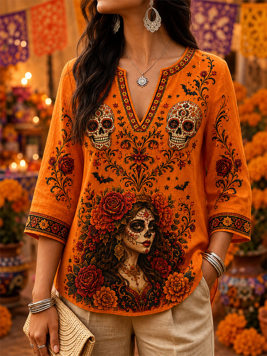 Top casual con cuello en V para mujer México Day of The Dead Art Print