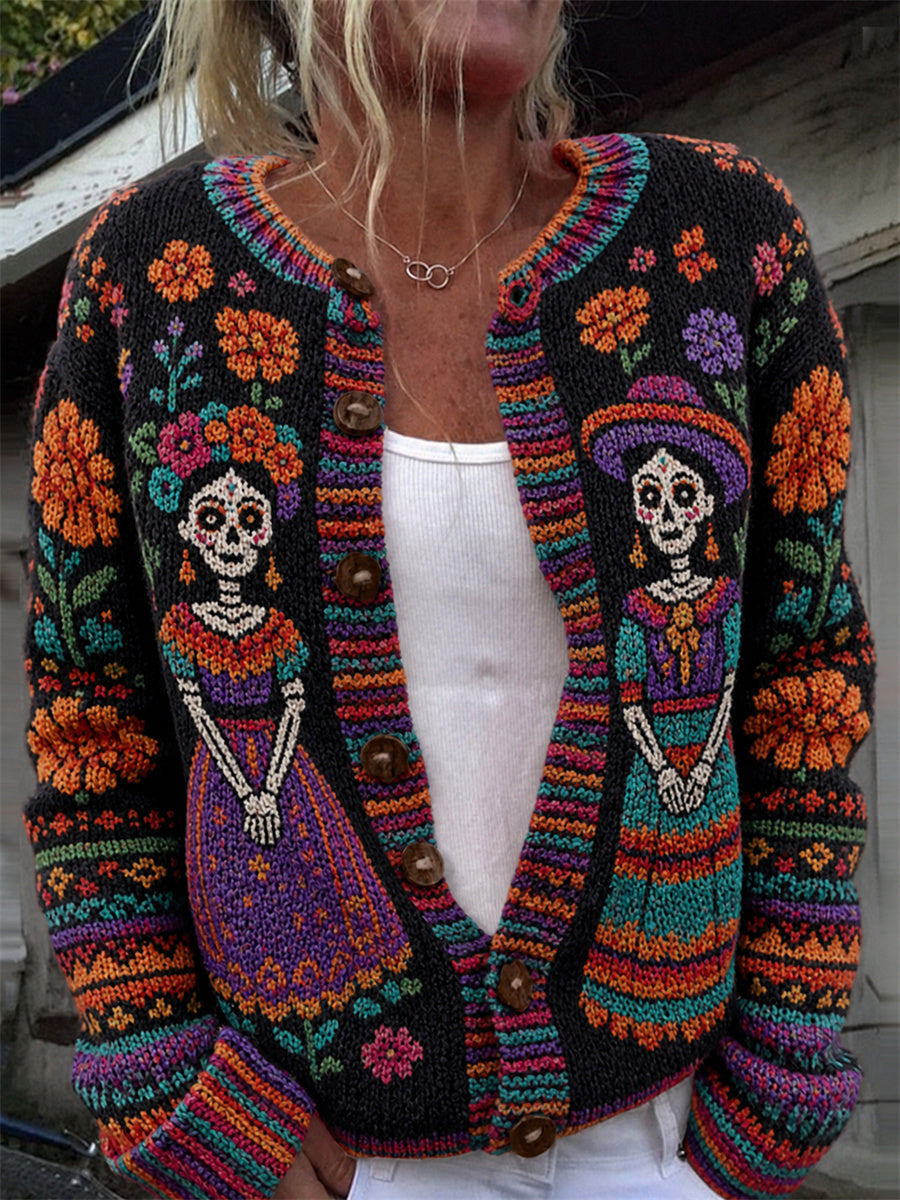 Cárdigan con estampado de calaveras de azúcar del Día de Muertos, flores mexicanas y diseño de isla para mujer