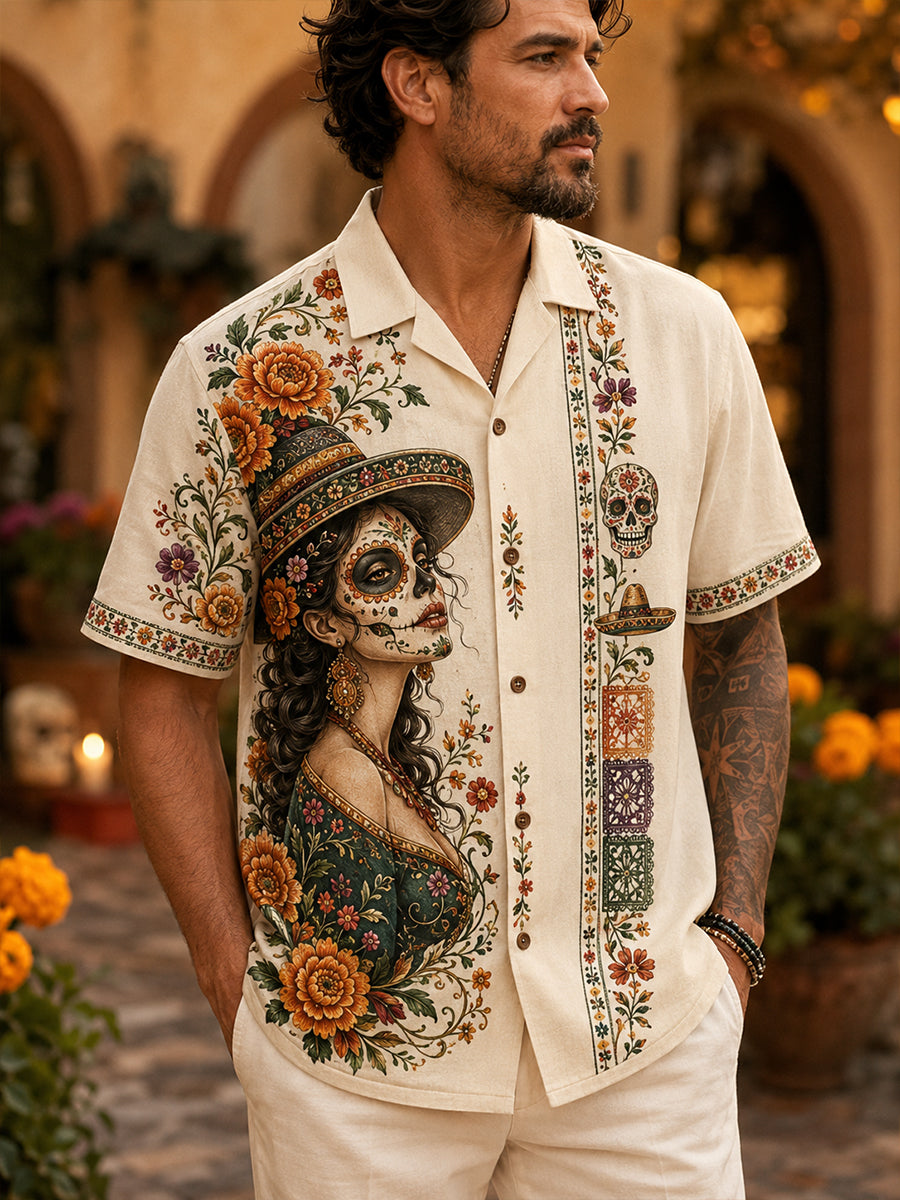 Camiseta de manga corta con estampado artístico del Día de los Muertos de México para hombre