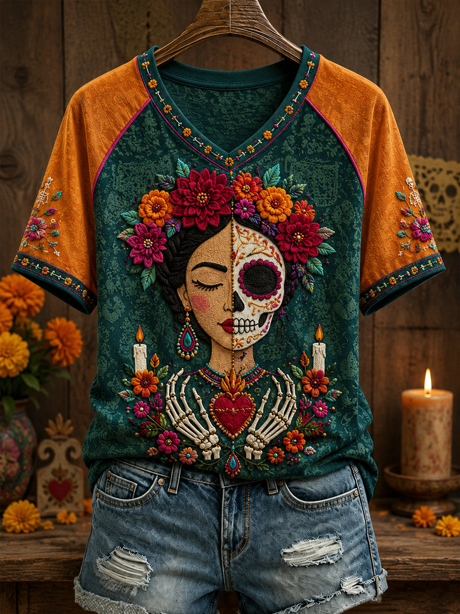 Camiseta estampada con arte floral del Día de los Muertos mexicano para mujer
