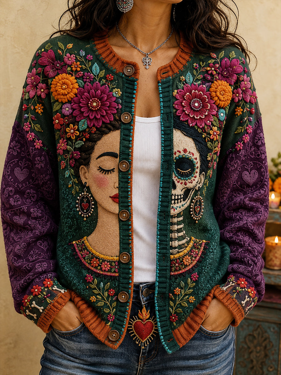 Chaqueta de punto estilo cárdigan para mujer, con estampado floral inspirado en el Día de los Muertos de México