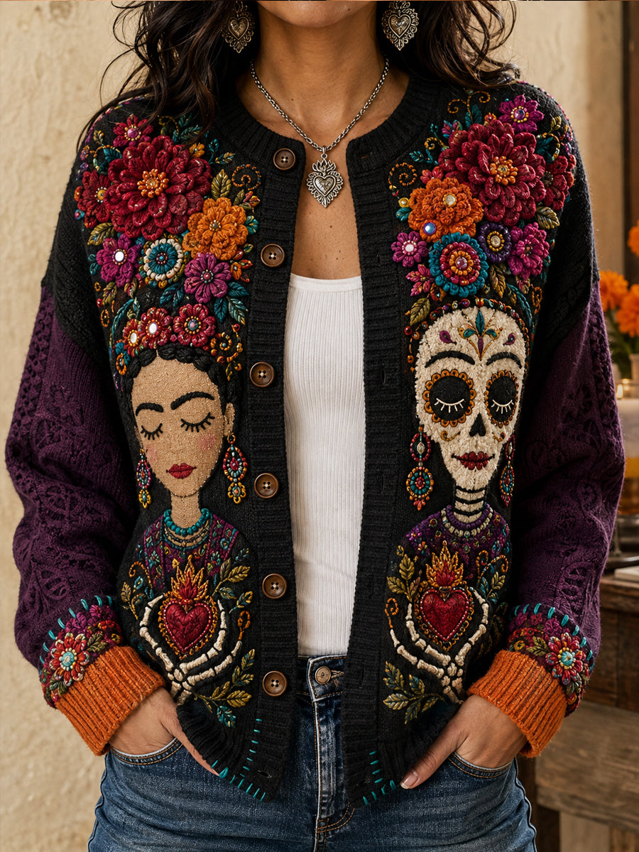 Chaqueta de punto estilo cárdigan para mujer, con estampado floral inspirado en el Día de los Muertos de México