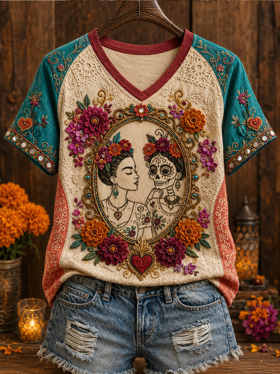 Camiseta estampada con arte floral del Día de los Muertos mexicano para mujer
