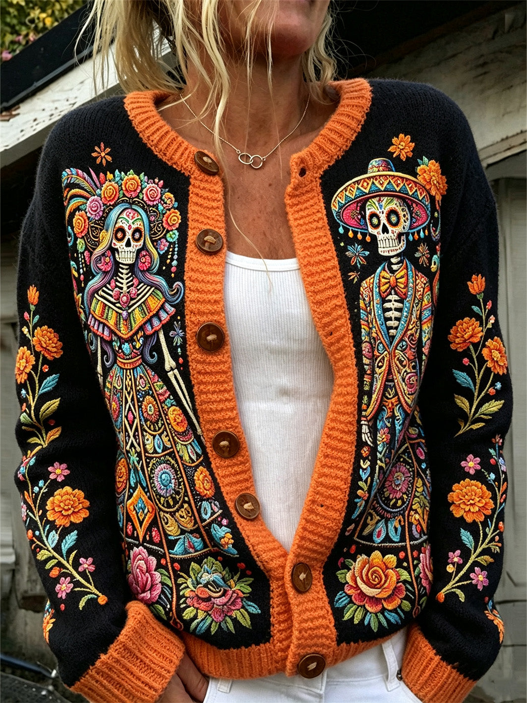 Chaqueta de punto estilo cárdigan casual con estampado de motivos del Día de Muertos para mujer