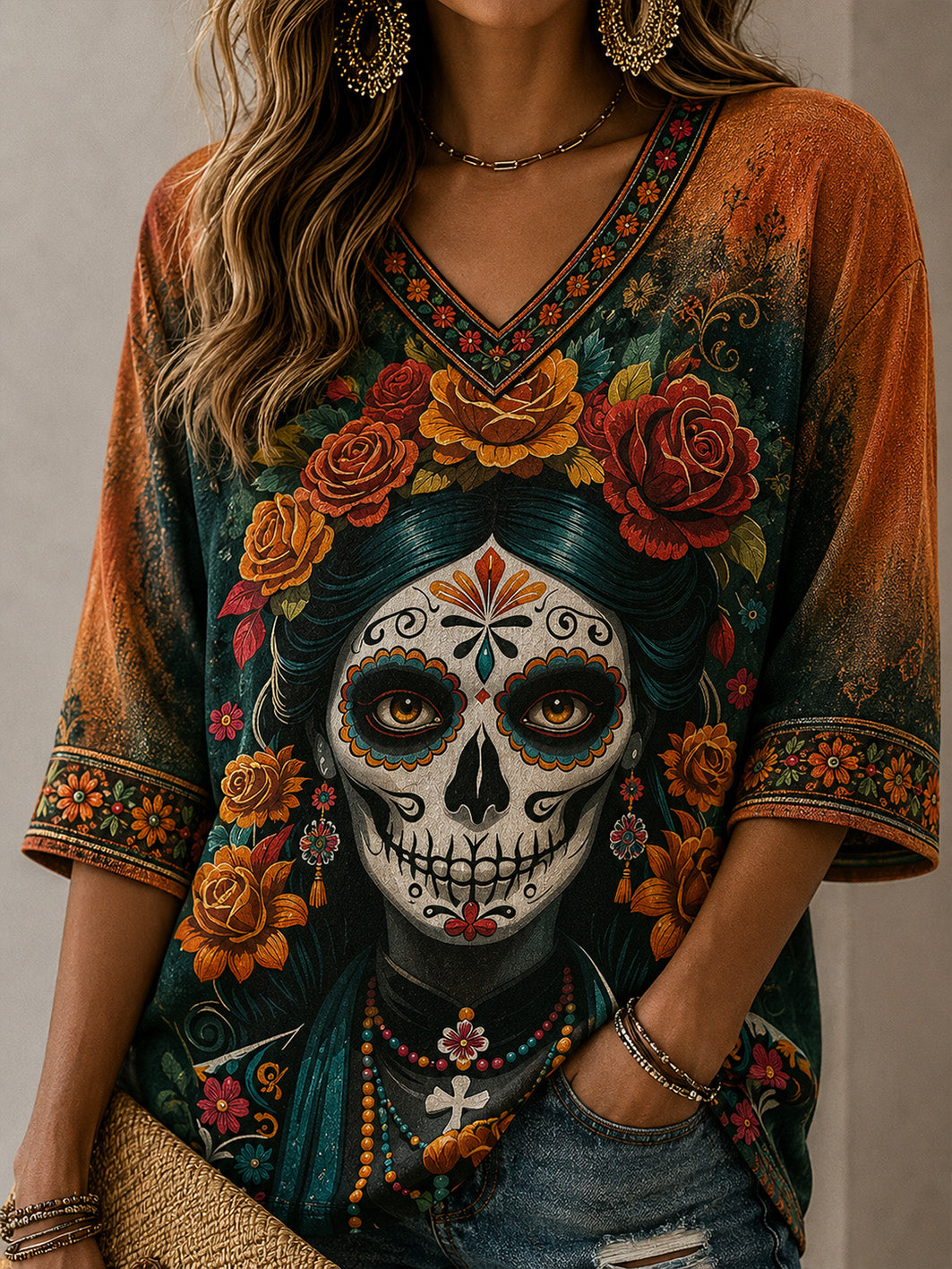 Camiseta casual de manga media con cuello en V, estampada con motivos del Día de la Muerte para mujer