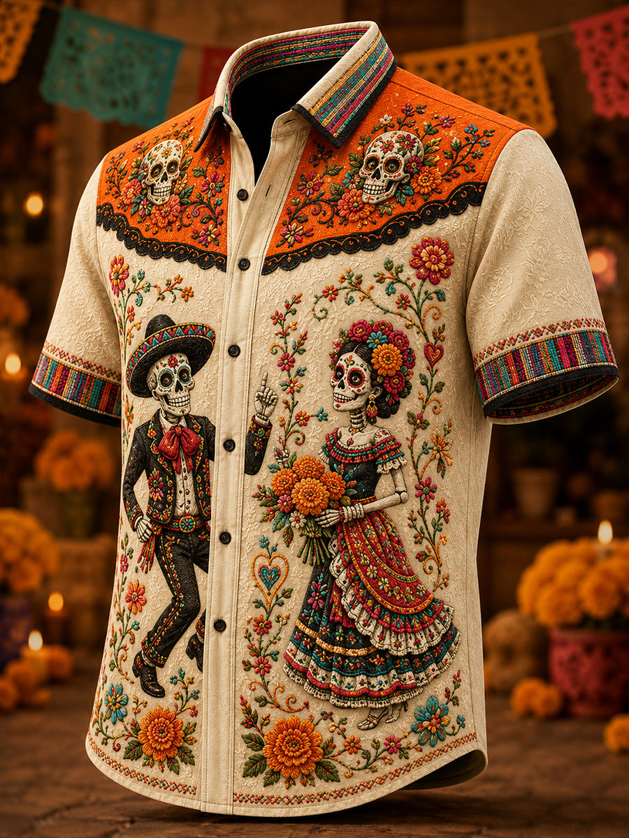 Camiseta de manga corta con estampado artístico del Día de los Muertos de México para hombre