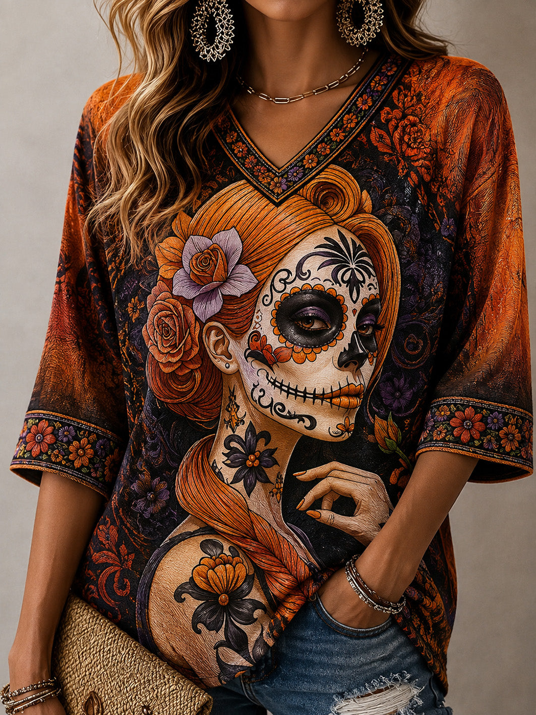 Camiseta casual de manga media con cuello en V, estampada con motivos del Día de la Muerte para mujer