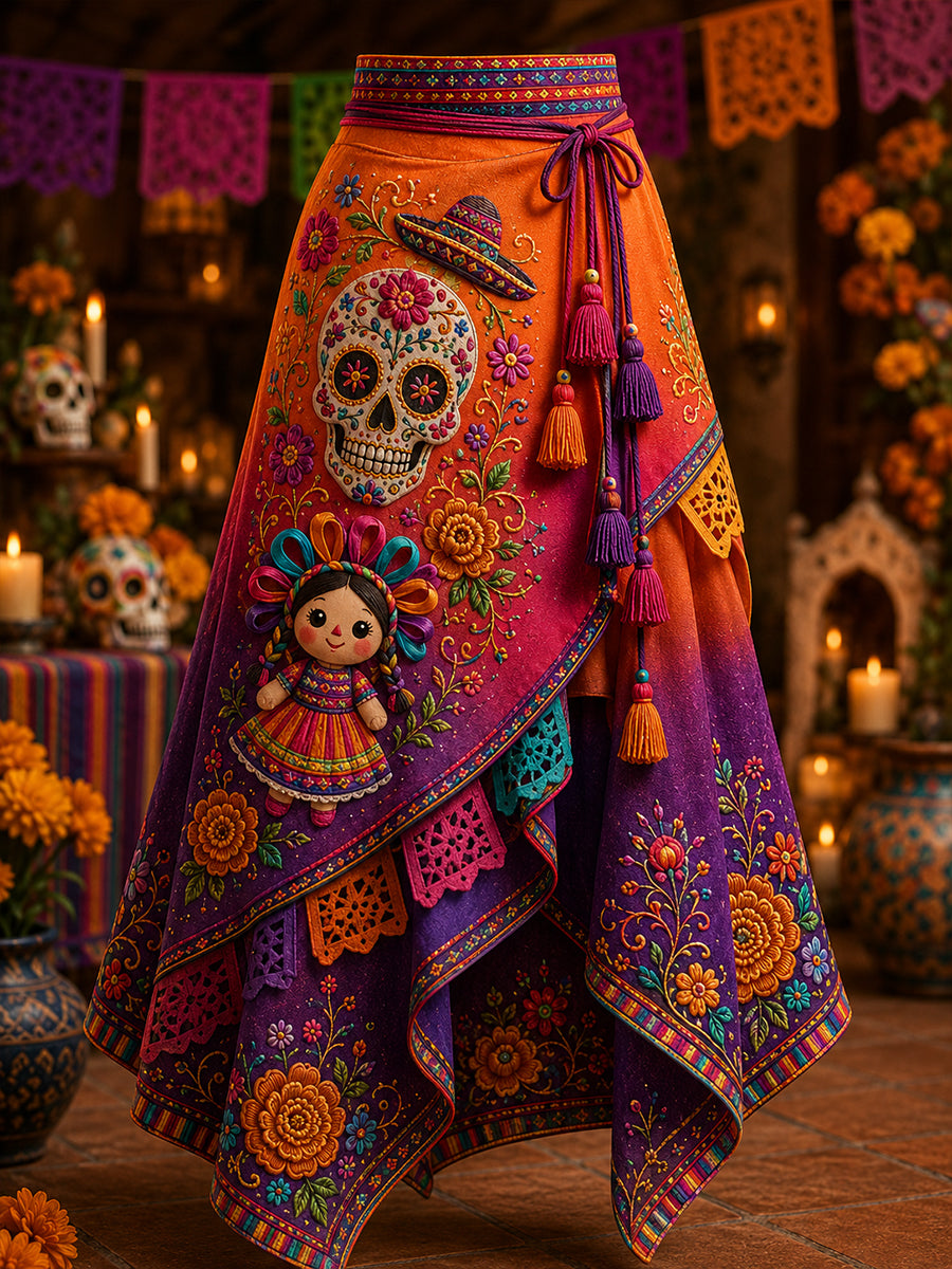 Falda asimétrica estampada con arte del Día de los Muertos de México para mujer