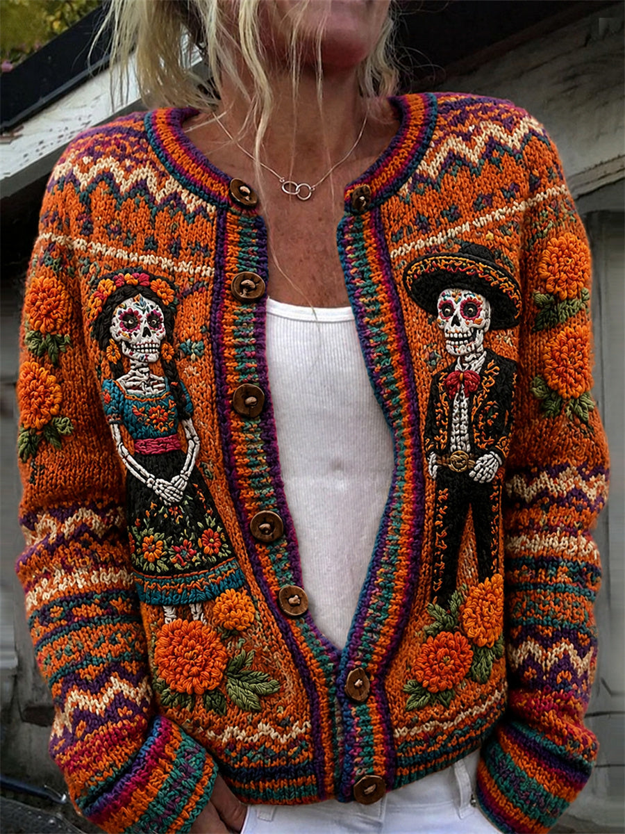 Cárdigan cómodo con estampado floral mexicano de caléndulas para el Día de Muertos de mujer