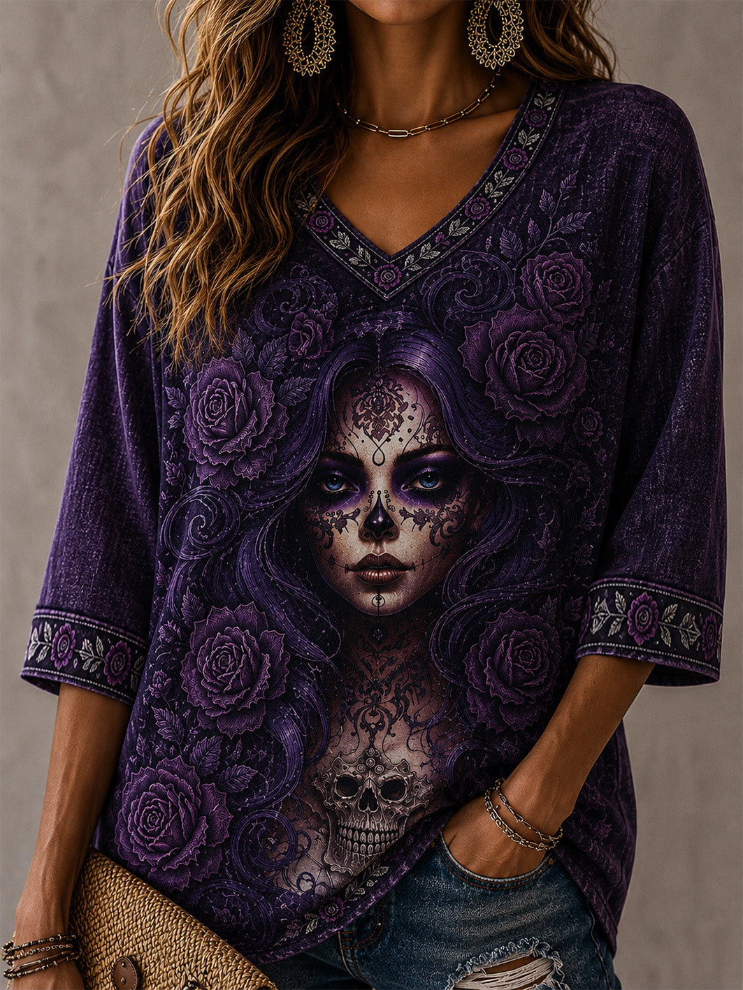 Camiseta casual de manga media con cuello en V, estampada con motivos del Día de la Muerte para mujer