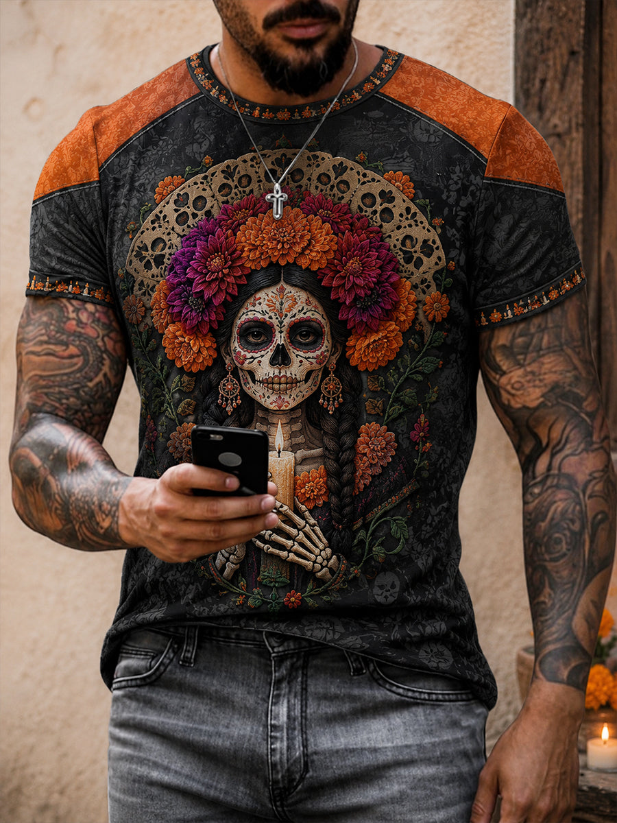 Día de México de los hombres del arte floral muerto impreso camiseta