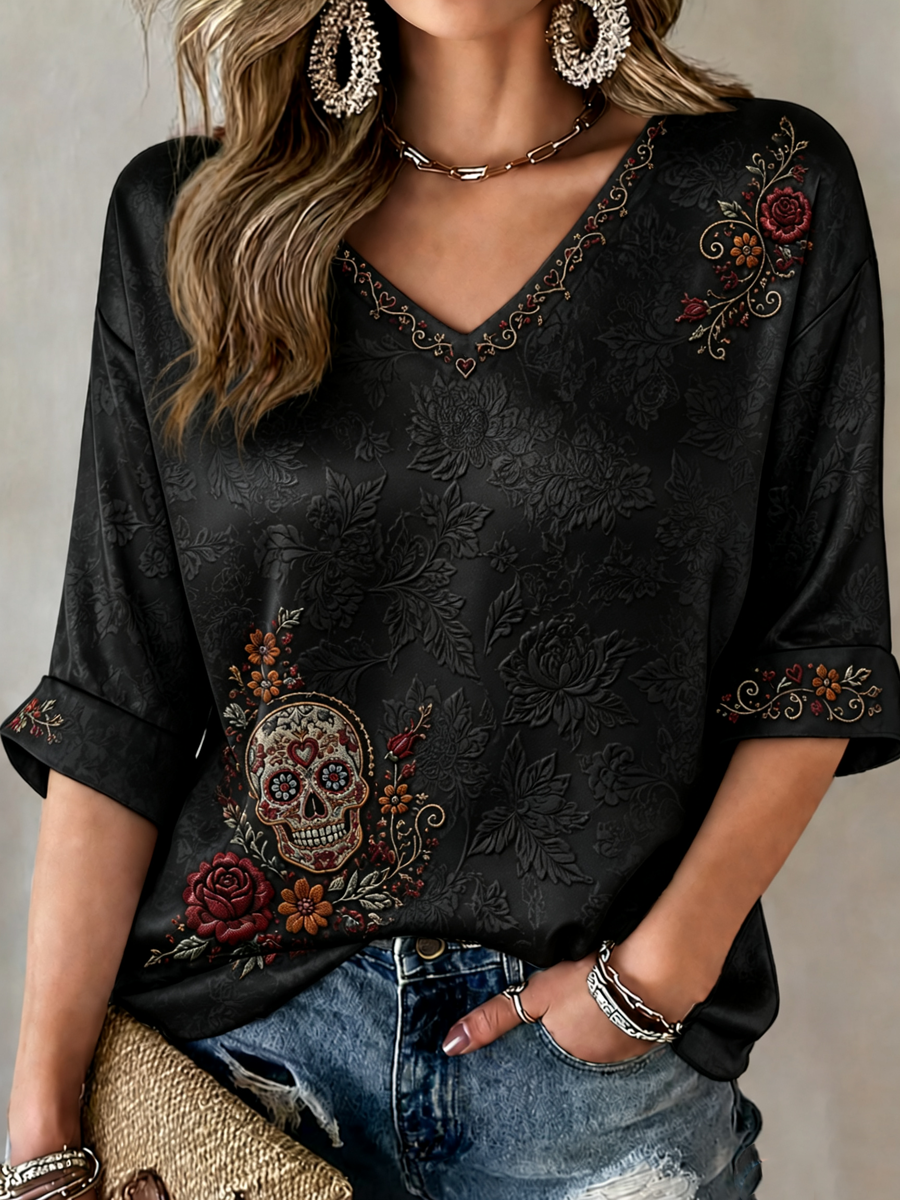 Camiseta de mujer con estampado floral del Día de los Muertos mexicano, mangas a media altura y cuello en V