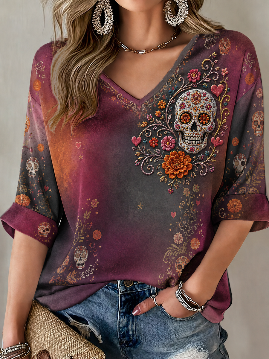 Camiseta de mujer con estampado floral del Día de los Muertos mexicano, mangas a media altura y cuello en V